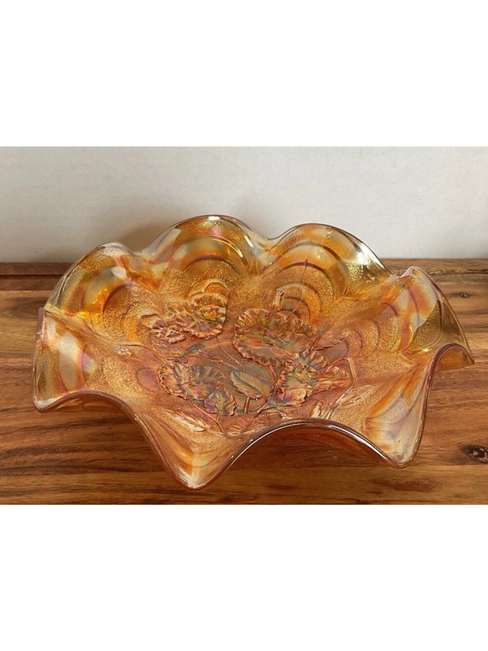 Vintage Fenton Orange Tree Marigold Carnival Ruffeled Bowl Iridescent Gold